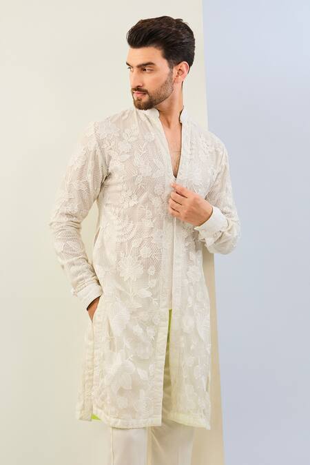 Rabani & Rakha White Net, Cotton, Silk Sequins Floral Embroidered Kurta Set Online at Aza Fashions Rabani & Rakha_White Net, Cotton, Silk Sequins Floral Embroidered Kurta Set _Online_at_Aza_Fashions