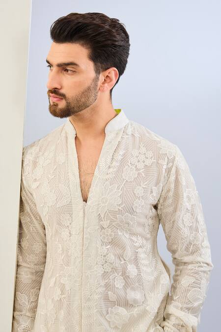 Buy Rabani & Rakha White Net, Cotton, Silk Sequins Floral Embroidered Kurta Set Online at Aza Fashions Buy_Rabani & Rakha_White Net, Cotton, Silk Sequins Floral Embroidered Kurta Set _Online_at_Aza_Fashions