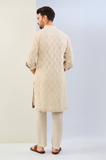 Shop Rabani & Rakha Ivory Georgette, Cotton, Silk Leaf Thread Embroidered Kurta Set at Aza Fashions Shop_Rabani & Rakha_Ivory Georgette, Cotton, Silk Leaf Thread Embroidered Kurta Set _at_Aza_Fashions