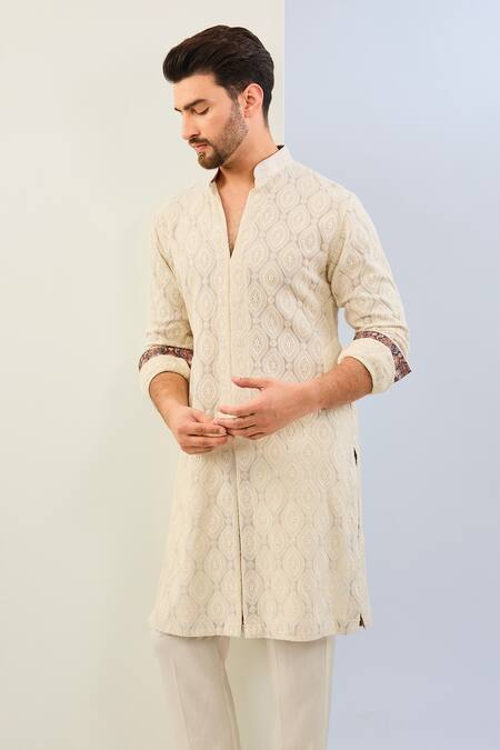 Rabani & Rakha Ivory Georgette, Cotton, Silk Leaf Thread Embroidered Kurta Set Online at Aza Fashions Rabani & Rakha_Ivory Georgette, Cotton, Silk Leaf Thread Embroidered Kurta Set _Online_at_Aza_Fashions