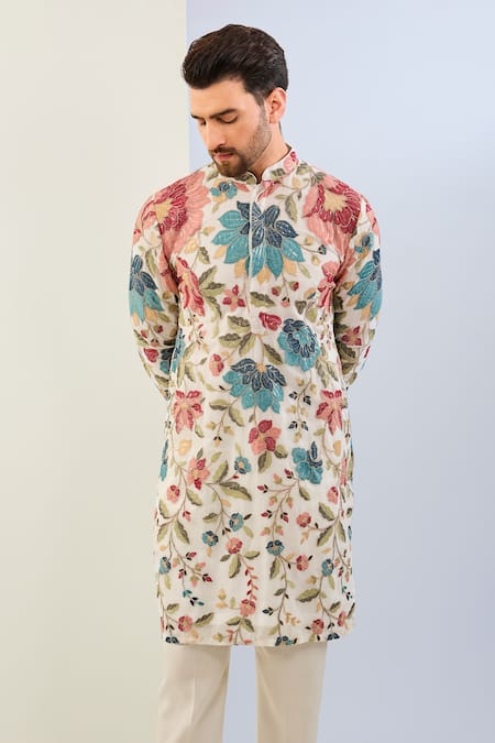 Rabani & Rakha_Off White Georgette, Cotton, Silk Embroidery Floral Thread Kurta Set _Online_at_Aza_Fashions