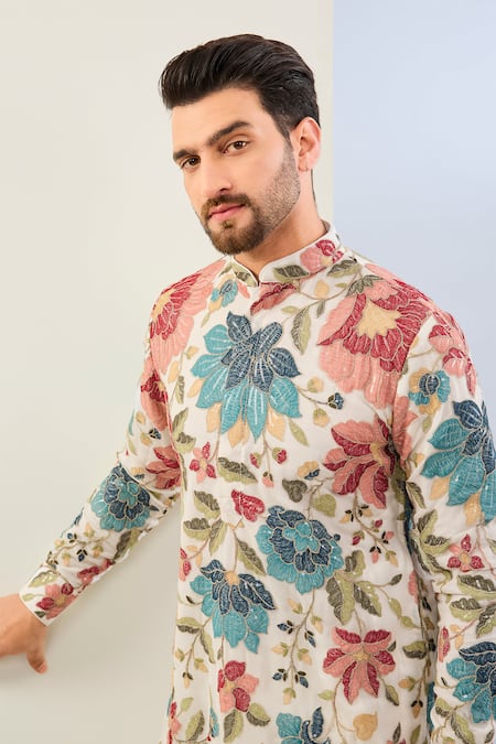 Buy_Rabani & Rakha_Off White Georgette, Cotton, Silk Embroidery Floral Thread Kurta Set _Online_at_Aza_Fashions