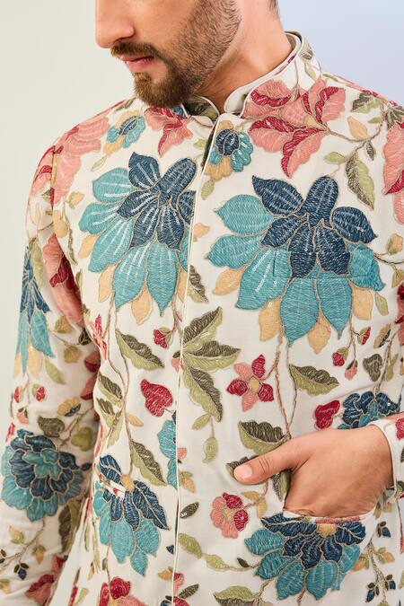 Rabani & Rakha Off White Georgette, Cotton Embroidery, Sequins Floral Bundi Kurta Set Online at Aza Fashions Rabani & Rakha_Off White Georgette, Cotton Embroidery, Sequins Floral Bundi Kurta Set _Online_at_Aza_Fashions