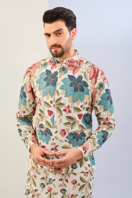 Buy Rabani & Rakha Off White Georgette, Cotton Embroidery, Sequins Floral Bundi Kurta Set Online at Aza Fashions Buy_Rabani & Rakha_Off White Georgette, Cotton Embroidery, Sequins Floral Bundi Kurta Set _Online_at_Aza_Fashions