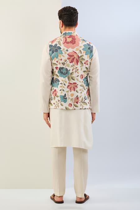 Shop Rabani & Rakha Off White Georgette, Cotton, Silk Sequins, Embroidery Floral Bundi And Kurta Set at Aza Fashions Shop_Rabani & Rakha_Off White Georgette, Cotton, Silk Sequins, Embroidery Floral Bundi And Kurta Set _at_Aza_Fashions
