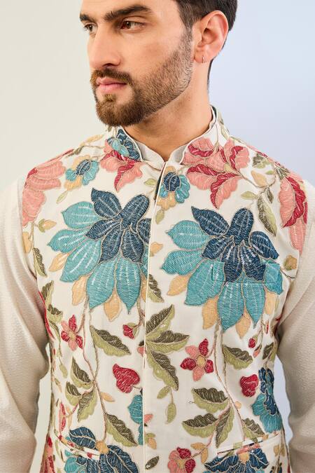 Rabani & Rakha Off White Georgette, Cotton, Silk Sequins, Embroidery Floral Bundi And Kurta Set Online at Aza Fashions Rabani & Rakha_Off White Georgette, Cotton, Silk Sequins, Embroidery Floral Bundi And Kurta Set _Online_at_Aza_Fashions