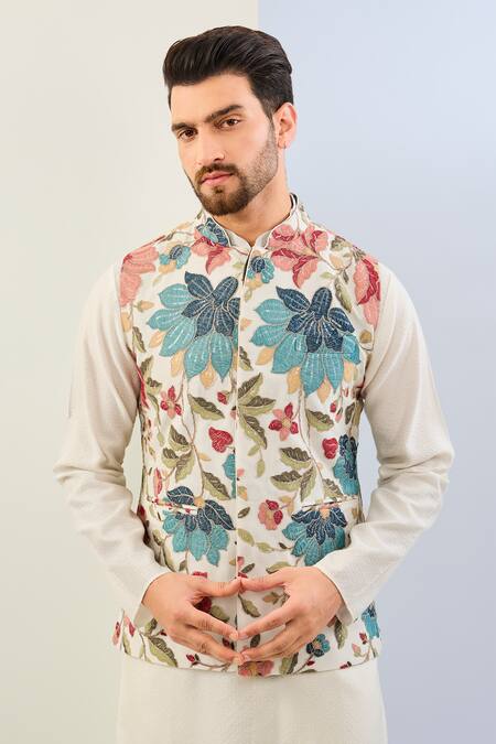 Buy Rabani & Rakha Off White Georgette, Cotton, Silk Sequins, Embroidery Floral Bundi And Kurta Set Online at Aza Fashions Buy_Rabani & Rakha_Off White Georgette, Cotton, Silk Sequins, Embroidery Floral Bundi And Kurta Set _Online_at_Aza_Fashions