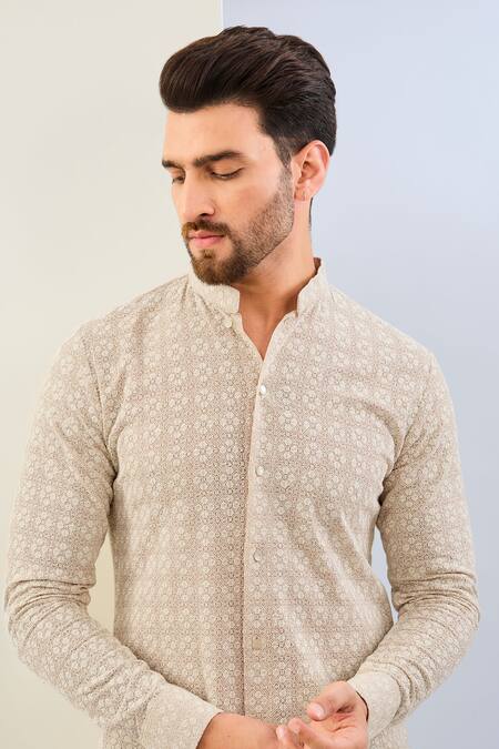 Buy_Rabani & Rakha_Cream Georgette Embroidery Geometric Thread Shirt And Pant _Online_at_Aza_Fashions