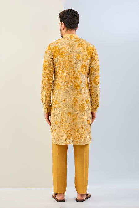 Shop Rabani & Rakha Yellow Georgette, Cotton, Silk Embroidery Floral Sequin Kurta Set at Aza Fashions Shop_Rabani & Rakha_Yellow Georgette, Cotton, Silk Embroidery Floral Sequin Kurta Set _at_Aza_Fashions