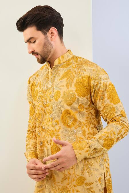 Rabani & Rakha Yellow Georgette, Cotton, Silk Embroidery Floral Sequin Kurta Set Online at Aza Fashions Rabani & Rakha_Yellow Georgette, Cotton, Silk Embroidery Floral Sequin Kurta Set _Online_at_Aza_Fashions