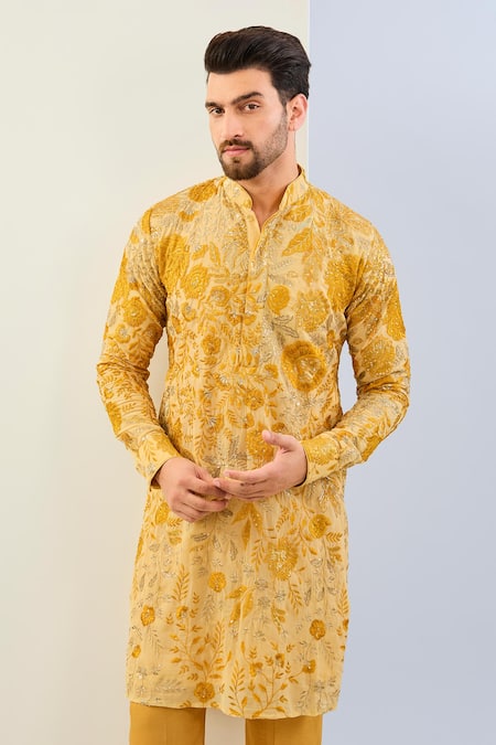 Shop Rabani & Rakha Yellow Georgette, Cotton, Silk Embroidery Floral Sequin Kurta Set Online at Aza Fashions Shop_Rabani & Rakha_Yellow Georgette, Cotton, Silk Embroidery Floral Sequin Kurta Set _Online_at_Aza_Fashions