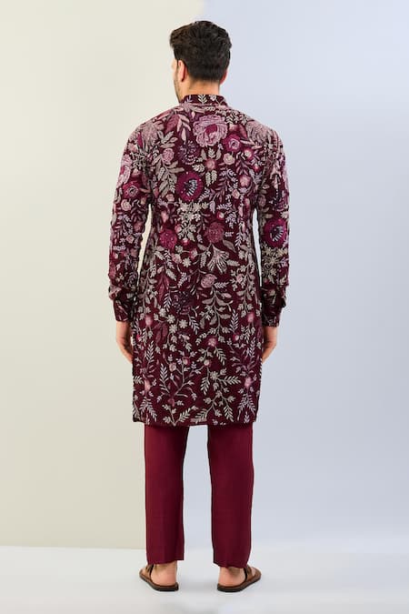 Shop Rabani & Rakha Wine Georgette, Cotton, Silk Sequins, Embroidery Botanical Kurta Set at Aza Fashions Shop_Rabani & Rakha_Wine Georgette, Cotton, Silk Sequins, Embroidery Botanical Kurta Set _at_Aza_Fashions