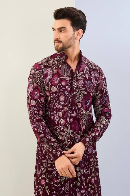 Buy Rabani & Rakha Wine Georgette, Cotton, Silk Sequins, Embroidery Botanical Kurta Set Online at Aza Fashions Buy_Rabani & Rakha_Wine Georgette, Cotton, Silk Sequins, Embroidery Botanical Kurta Set _Online_at_Aza_Fashions