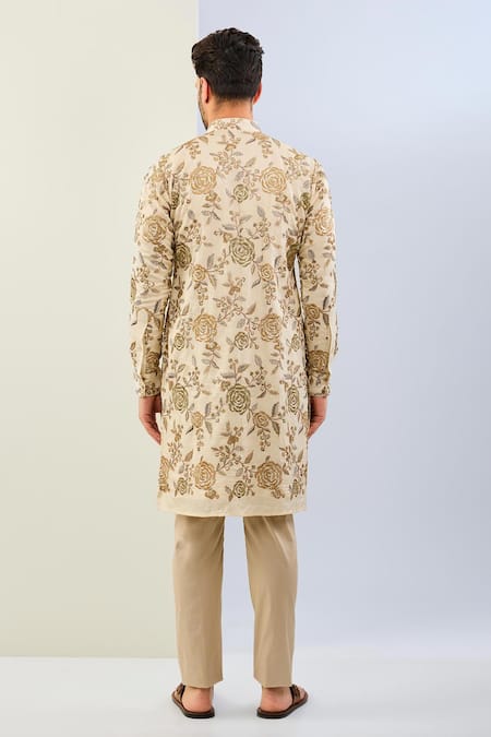 Shop Rabani & Rakha Cream Silk, Cotton Sequins, Embroidery Rose Vine Kurta Set at Aza Fashions Shop_Rabani & Rakha_Cream Silk, Cotton Sequins, Embroidery Rose Vine Kurta Set _at_Aza_Fashions