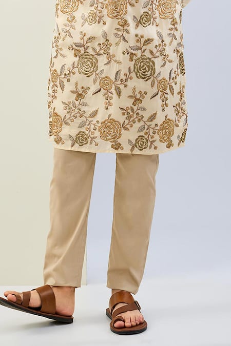 Rabani & Rakha Cream Silk, Cotton Sequins, Embroidery Rose Vine Kurta Set Online at Aza Fashions Rabani & Rakha_Cream Silk, Cotton Sequins, Embroidery Rose Vine Kurta Set _Online_at_Aza_Fashions