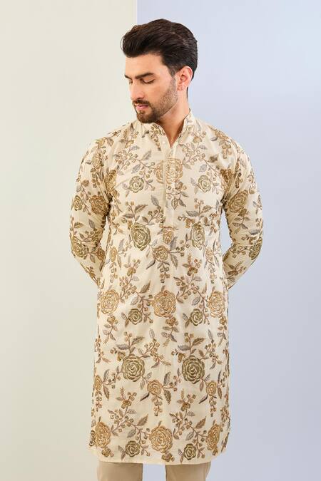 Buy Rabani & Rakha Cream Silk, Cotton Sequins, Embroidery Rose Vine Kurta Set Online at Aza Fashions Buy_Rabani & Rakha_Cream Silk, Cotton Sequins, Embroidery Rose Vine Kurta Set _Online_at_Aza_Fashions