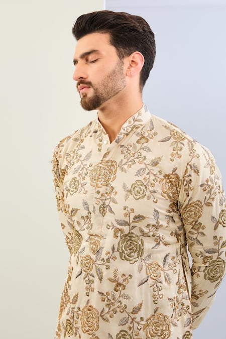 Shop Rabani & Rakha Cream Silk, Cotton Sequins, Embroidery Rose Vine Kurta Set Online at Aza Fashions Shop_Rabani & Rakha_Cream Silk, Cotton Sequins, Embroidery Rose Vine Kurta Set _Online_at_Aza_Fashions