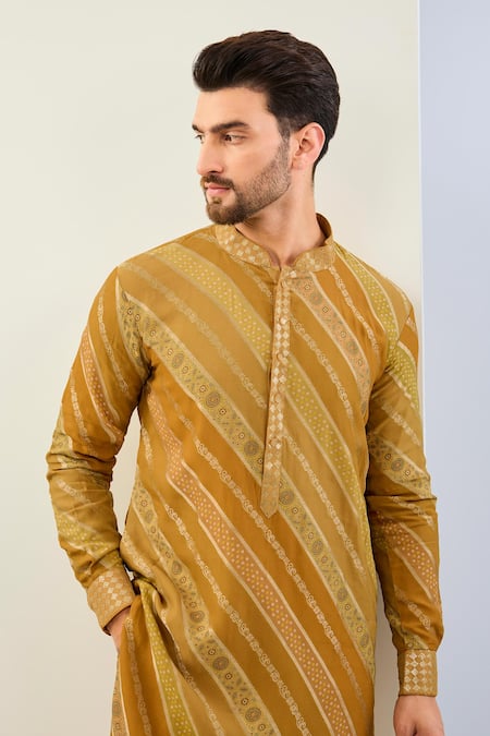 Shop Rabani & Rakha Yellow Georgette, Cotton, Silk Sequins, Bandhani Leheriya Print Kurta Set Online at Aza Fashions Shop_Rabani & Rakha_Yellow Georgette, Cotton, Silk Sequins, Bandhani Leheriya Print Kurta Set _Online_at_Aza_Fashions
