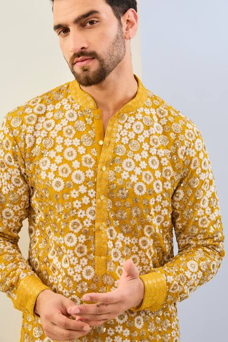 Rabani & Rakha Yellow Georgette, Cotton, Silk Embroidery Floral Thread Kurta Set Online at Aza Fashions Rabani & Rakha_Yellow Georgette, Cotton, Silk Embroidery Floral Thread Kurta Set _Online_at_Aza_Fashions