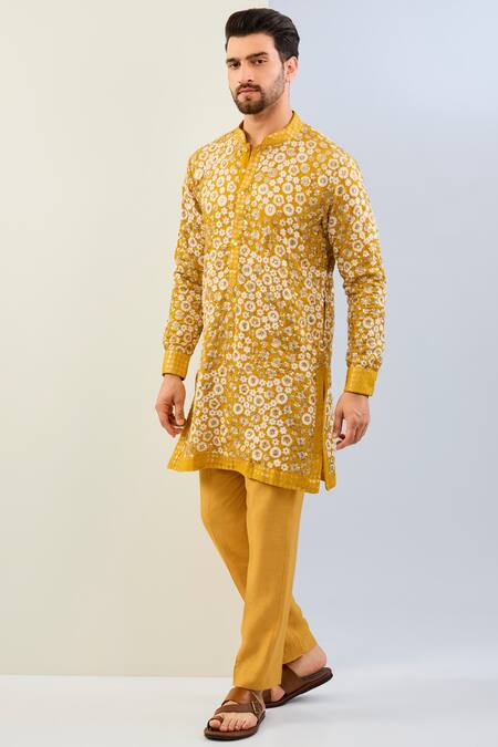 Buy Rabani & Rakha Yellow Georgette, Cotton, Silk Embroidery Floral Thread Kurta Set Online at Aza Fashions Buy_Rabani & Rakha_Yellow Georgette, Cotton, Silk Embroidery Floral Thread Kurta Set _Online_at_Aza_Fashions