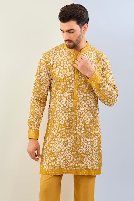 Rabani & Rakha Yellow Georgette, Cotton, Silk Embroidery Floral Thread Kurta Set at Aza Fashions Rabani & Rakha_Yellow Georgette, Cotton, Silk Embroidery Floral Thread Kurta Set _at_Aza_Fashions