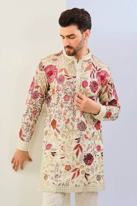 Rabani & Rakha Off White Georgette, Cotton, Silk Embroidery Floral Kurta Set Online at Aza Fashions Rabani & Rakha_Off White Georgette, Cotton, Silk Embroidery Floral Kurta Set _Online_at_Aza_Fashions