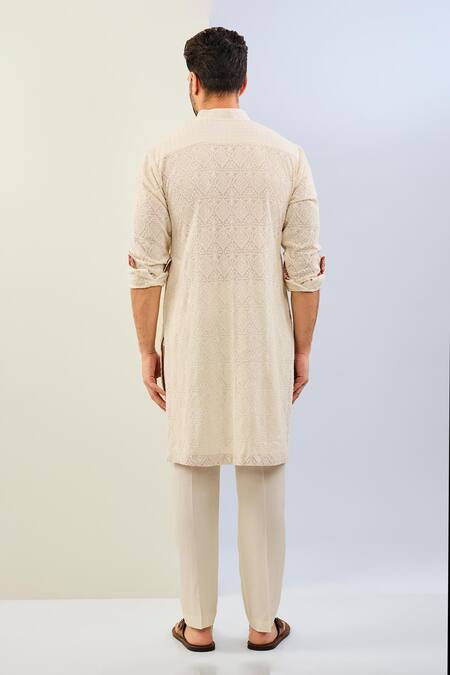 Shop Rabani & Rakha Ivory Georgette, Cotton, Silk Embroidery Thread Kurta Set at Aza Fashions Shop_Rabani & Rakha_Ivory Georgette, Cotton, Silk Embroidery Thread Kurta Set _at_Aza_Fashions