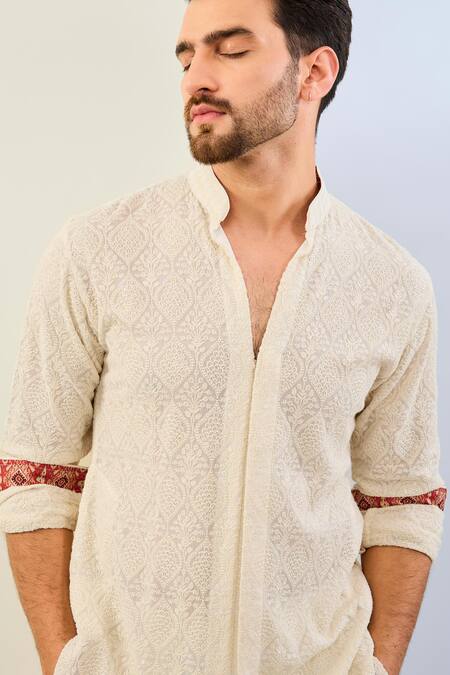 Shop Rabani & Rakha Ivory Georgette, Cotton, Silk Embroidery Thread Kurta Set Online at Aza Fashions Shop_Rabani & Rakha_Ivory Georgette, Cotton, Silk Embroidery Thread Kurta Set _Online_at_Aza_Fashions