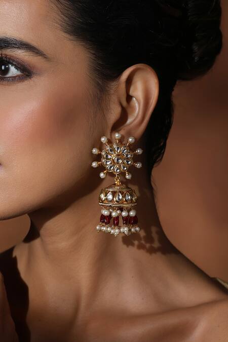 Shop_Swabhimann_Red Pearls, Stones Kundan Blossom Jhumka Earrings _Online_at_Aza_Fashions