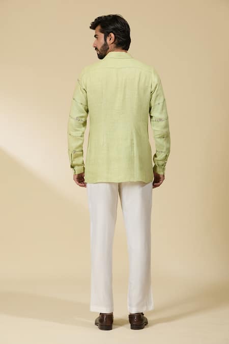 Shop Ewoke Green Hemp Embroidery Floral Sleeve Shirt at Aza Fashions Shop_Ewoke_Green Hemp Embroidery Floral Sleeve Shirt _at_Aza_Fashions