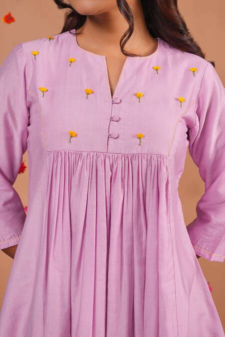 Tangerine By Asfa_Purple Chanderi Embroidery Round Neck Lavender Flower Hand Dress_Online_at_Aza_Fashions