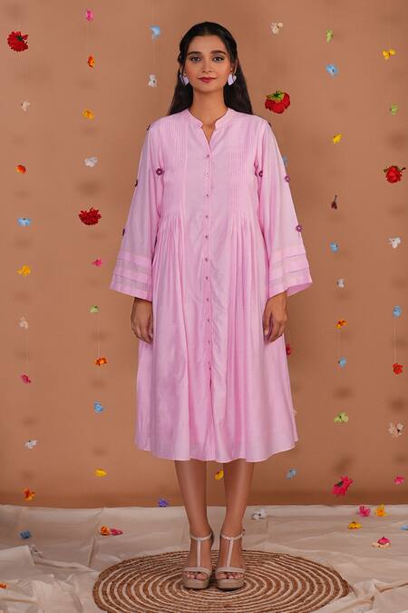 Tangerine By Asfa Pink Chanderi Embroidery Collared Hand Midi Dress Online at Aza Fashions Tangerine By Asfa_Pink Chanderi Embroidery Collared Hand Midi Dress_Online_at_Aza_Fashions