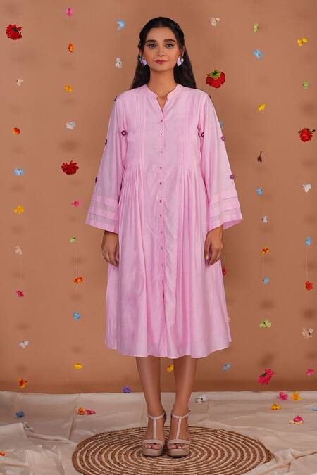 Buy Tangerine By Asfa Pink Chanderi Embroidery Collared Hand Midi Dress Online at Aza Fashions Buy_Tangerine By Asfa_Pink Chanderi Embroidery Collared Hand Midi Dress_Online_at_Aza_Fashions