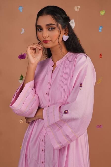 Shop Tangerine By Asfa Pink Chanderi Embroidery Collared Hand Midi Dress Online at Aza Fashions Shop_Tangerine By Asfa_Pink Chanderi Embroidery Collared Hand Midi Dress_Online_at_Aza_Fashions