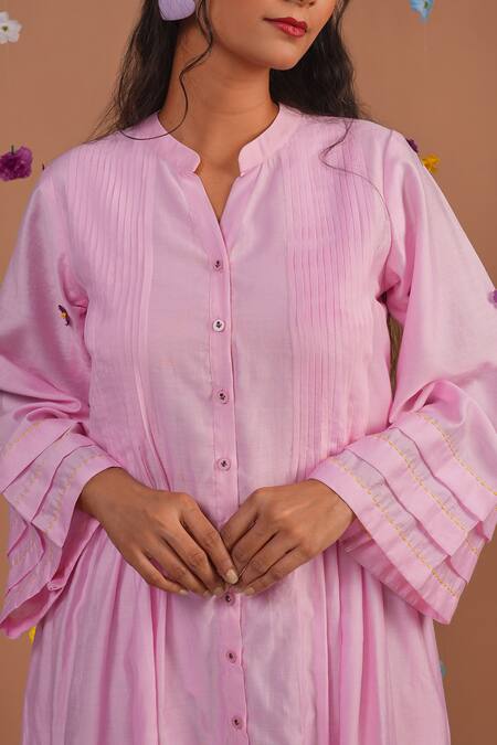 Tangerine By Asfa Pink Chanderi Embroidery Collared Hand Midi Dress at Aza Fashions Tangerine By Asfa_Pink Chanderi Embroidery Collared Hand Midi Dress_at_Aza_Fashions