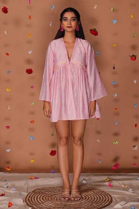 Tangerine By Asfa_Pink Chanderi Embroidery Plunge Neck Flower Dress_Online_at_Aza_Fashions