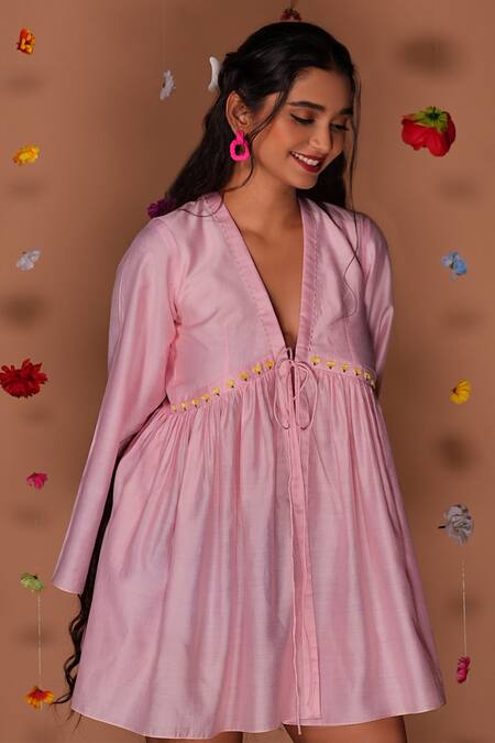 Shop_Tangerine By Asfa_Pink Chanderi Embroidery Plunge Neck Flower Dress_Online_at_Aza_Fashions