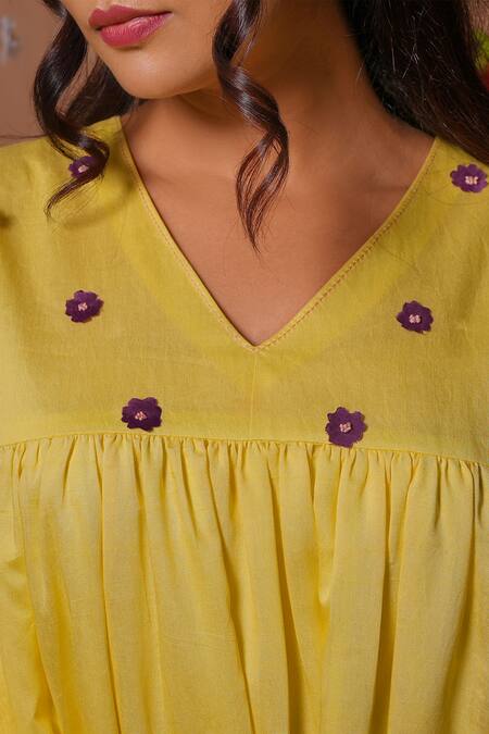 Tangerine By Asfa_Yellow Chanderi Embroidery V-neck Hand Dress_Online_at_Aza_Fashions