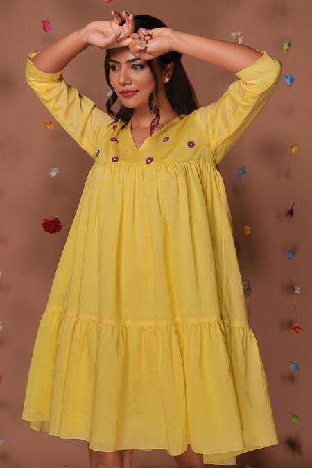 Buy_Tangerine By Asfa_Yellow Chanderi Embroidery V-neck Hand Dress_Online_at_Aza_Fashions