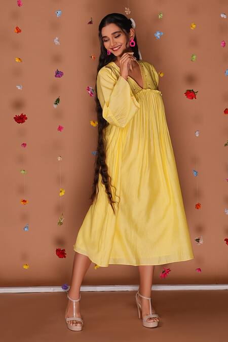 Buy Tangerine By Asfa Yellow Chanderi Embroidery V-neck Hand Midi Dress Online at Aza Fashions Buy_Tangerine By Asfa_Yellow Chanderi Embroidery V-neck Hand Midi Dress_Online_at_Aza_Fashions