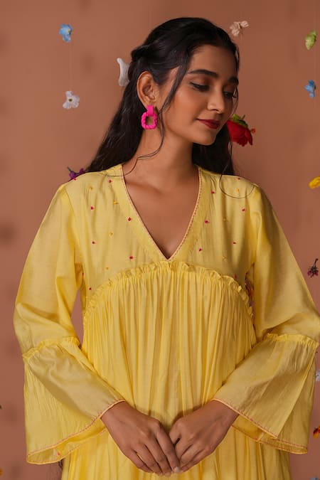 Shop Tangerine By Asfa Yellow Chanderi Embroidery V-neck Hand Midi Dress Online at Aza Fashions Shop_Tangerine By Asfa_Yellow Chanderi Embroidery V-neck Hand Midi Dress_Online_at_Aza_Fashions
