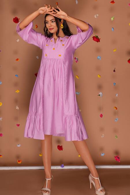 Tangerine By Asfa_Purple Chanderi Embroidery Round Neck Hand Sunflower Midi Dress_Online_at_Aza_Fashions