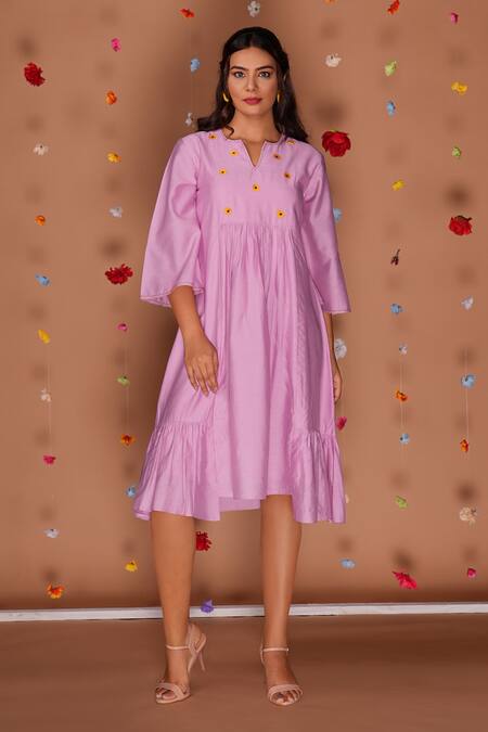 Buy_Tangerine By Asfa_Purple Chanderi Embroidery Round Neck Hand Sunflower Midi Dress_Online_at_Aza_Fashions