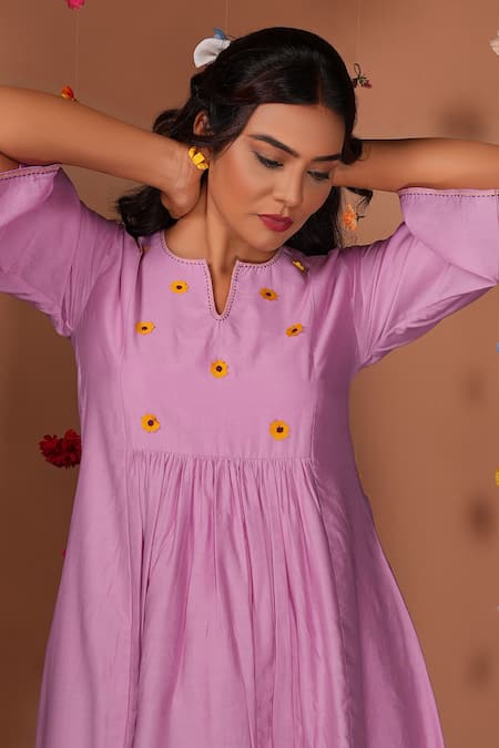 Shop_Tangerine By Asfa_Purple Chanderi Embroidery Round Neck Hand Sunflower Midi Dress_Online_at_Aza_Fashions