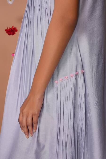 Buy_Tangerine By Asfa_Blue Chanderi Fabric Flowers Round Neck Floral Hand Embroidered Dress_Online_at_Aza_Fashions