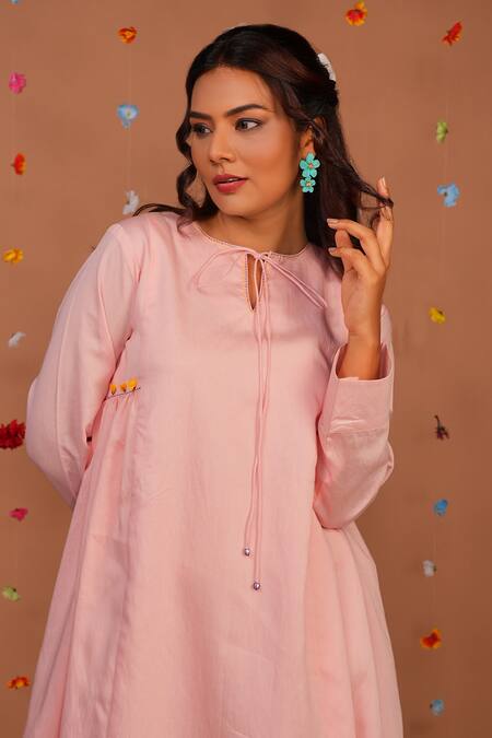 Tangerine By Asfa Pink Chanderi Embroidery Open Neck Floral Hand Dress Online at Aza Fashions Tangerine By Asfa_Pink Chanderi Embroidery Open Neck Floral Hand Dress_Online_at_Aza_Fashions