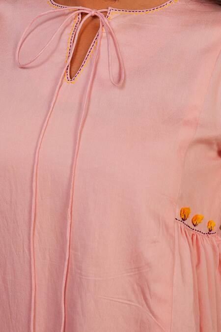 Buy Tangerine By Asfa Pink Chanderi Embroidery Open Neck Floral Hand Dress Online at Aza Fashions Buy_Tangerine By Asfa_Pink Chanderi Embroidery Open Neck Floral Hand Dress_Online_at_Aza_Fashions