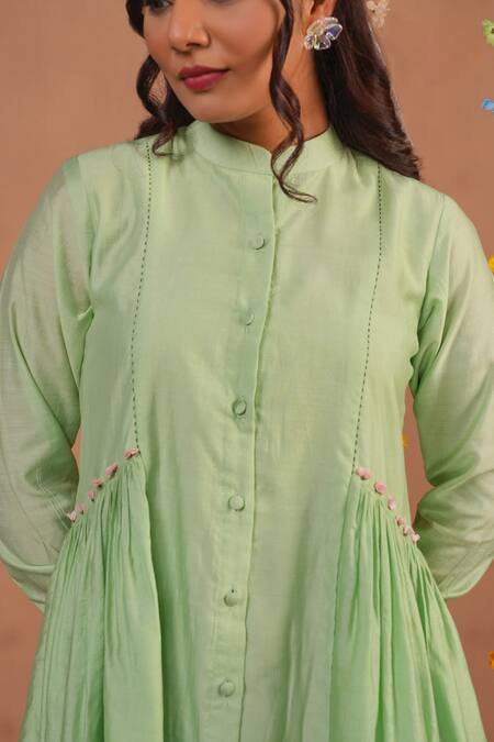 Buy_Tangerine By Asfa_Green Chanderi Embroidery Collared Asymmetric Floral Hand Dress_Online_at_Aza_Fashions