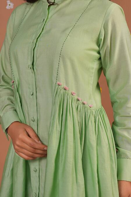 Shop_Tangerine By Asfa_Green Chanderi Embroidery Collared Asymmetric Floral Hand Dress_Online_at_Aza_Fashions