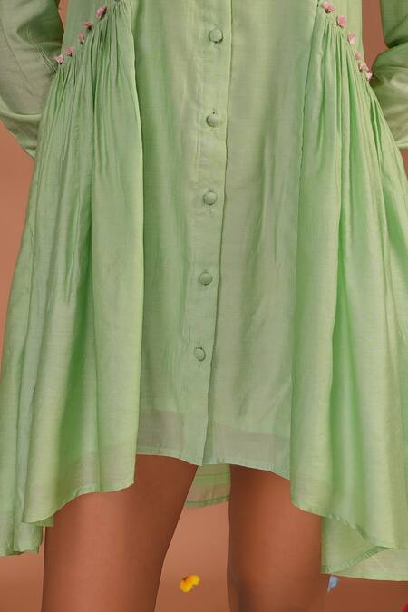 Tangerine By Asfa_Green Chanderi Embroidery Collared Asymmetric Floral Hand Dress_at_Aza_Fashions